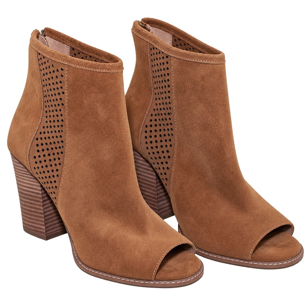 Gianni Bini Suede Perforated Peep Toe Block Heel Ankle Boots  7.5M Tan Brown